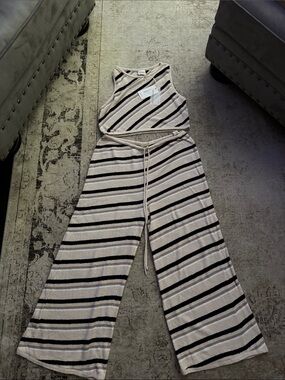Zulu & Zephyr Cream and Black Striped Knit Crop Tank and Drawstring Pant
